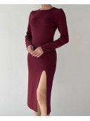 Bordo Önü Yırtmaçlı Uzun Kollu Triko Elbise